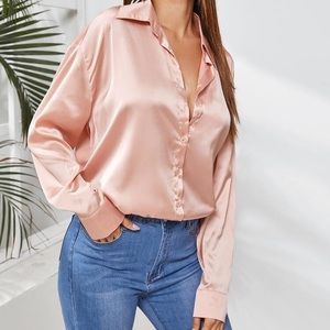 Solid Button Up Satin Blouse